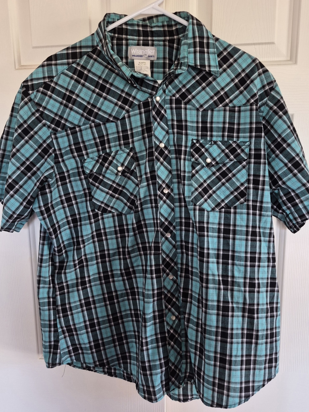 Wrangler Teal and Black Plaid Short-Sleeve Button-Up